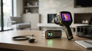 Close-up photograph of professional water damage inspection equipment resting on a wooden table in a residential living room, including a handheld thermal imaging camera and a digital pin moisture meter with a numeric display.