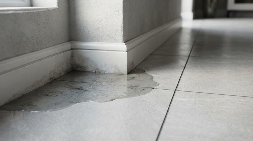 Close-up photograph of a puddle of water pooling on light gray ceramic floor tiles against a white baseboard with visible water damage and mold near a wall corner.