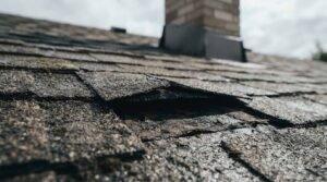 Close-up photograph of damaged, cracked, and lifting asphalt roof shingles on a residential roof near a chimney, indicating potential roof leaks and structural wear.
