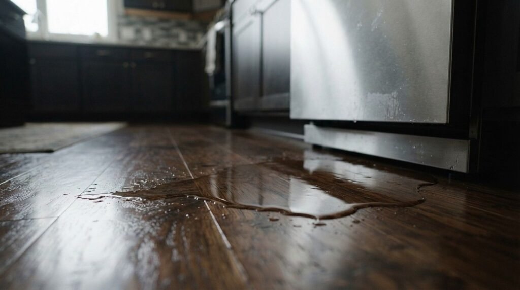 Close-up photograph of a puddle of water leaking from an appliance onto dark hardwood floorboards in a residential kitchen.