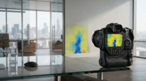 Close-up photograph of a professional digital thermal imaging camera resting on a glass desk in an office, displaying a thermal heat map on its screen that detects moisture and temperature differences on a white wall.