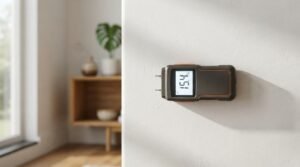 Digital pin-type moisture meter displaying a reading on a residential interior wall during a professional water damage inspection.