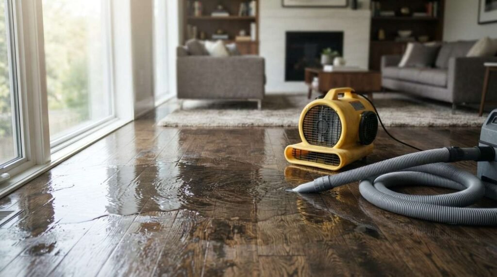 Industrial air mover fan and extraction vacuum hose actively drying a flooded hardwood floor inside a residential living room during water damage restoration.