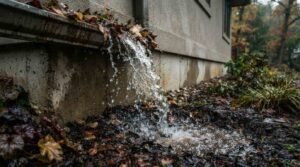 Close-up photograph of water spilling and overflowing from a residential roof gutter heavily clogged with autumn leaves and debris, pouring down near a home's foundation. 