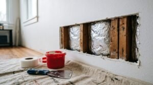Drywall patch and repair in progress showing an open wall cavity with exposed wooden studs and insulation, alongside a joint compound bucket, putty knife, and mesh tape on a drop cloth.