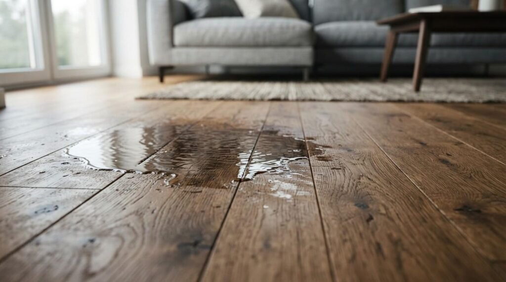 Close-up photograph of a puddle of water seeping into the seams of a dark brown hardwood plank floor in a modern living room with a sofa in the background.