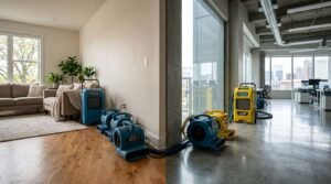 Split-view comparison showing commercial water damage restoration equipment—including Phoenix dehumidifiers and blue Ace air movers in a residential living room on the left, and Dri-Eaz LGR dehumidifiers and air blowers in a commercial office space on the right.