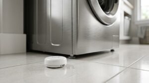 Smart wireless water leak sensor resting on a tiled floor near a stainless steel washing machine, detecting a small droplet of water to prevent home flood damage.