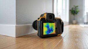 Professional thermal imaging camera resting on a hardwood floor next to a white baseboard, displaying a colorful heat map on its screen that reveals hidden moisture and water leaks inside the wall.