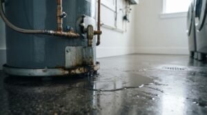 Close-up photograph of a residential water heater leaking rusty water onto a concrete floor, showing corrosion around the base and connected plumbing.