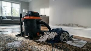 Wet/dry shop vacuum and damp towels placed on a flooded area rug near a water-damaged wall during emergency home water mitigation and cleanup.