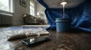 Active ceiling water leak streaming down into a blue collection bucket and across a wet hardwood floor next to sample evidence bags and a smartphone during emergency home water damage assessment.