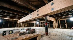 Structural floor joist repair and jacking in a crawlspace showing heavy-duty steel support posts, bolted wooden sister beams, a spirit level, and an impact driver during foundation remediation.