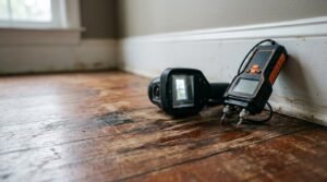 Digital moisture meter and thermal imaging camera resting on a water-damaged hardwood floor against a damp baseboard during professional flood restoration and property inspection.