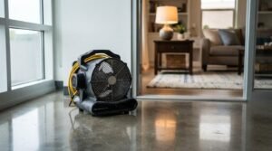 Industrial air mover fan deployed on a polished concrete floor near an office doorway during structural drying and water damage mitigation.