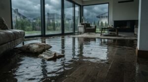 Wide-angle photograph of a residential living room flooded with standing water across wooden floorboards after severe weather, showing a water-damaged book and pillow on the floor near large glass windows.