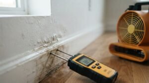 Pin-type digital moisture meter testing the moisture levels of a water-damaged baseboard and wall next to an industrial air mover fan during structural drying.