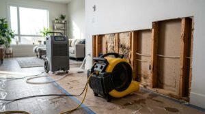 Professional water damage restoration drying equipment, including a commercial dehumidifier and a heavy-duty air mover fan, operating inside a residential living room with an open wall cavity exposing wet framing and insulation.