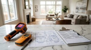 Thermal imaging camera, digital moisture meter, architectural floor plan blueprints, and a project status clipboard resting on a marble countertop inside a modern residential home during a water damage assessment.