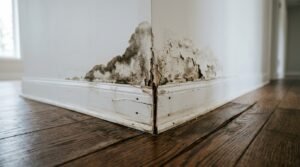 Severe water damage and mold growth on a residential interior drywall corner, showing peeling paint, crumbling plaster, and warped wooden baseboards above a stained hardwood floor.