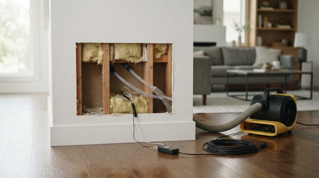 Professional wall cavity drying system and moisture meter monitoring equipment set up in an open cutout of a residential wall during water damage restoration.