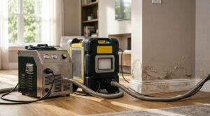 Industrial dehumidifier and heavy-duty air filtration equipment set up on a wooden floor next to a water-damaged interior wall during professional flood restoration.