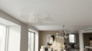Close-up photograph of a large, circular water stain and bubbling paint on a residential white ceiling, indicating a roof leak or plumbing issue above.