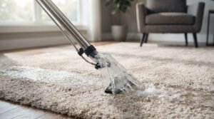 Professional hot water extraction wand removing water and moisture from a residential carpet during emergency flood cleanup and restoration.