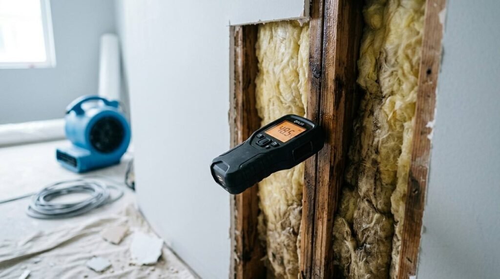 Digital moisture meter testing a water-damaged wooden wall stud inside an exposed framing cavity with fiberglass insulation during professional structural drying and flood restoration.