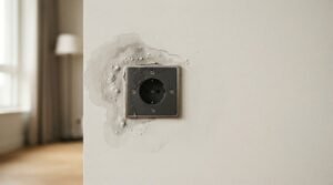 Close-up photograph of a dark electrical wall outlet surrounded by severe water damage, showing bubbling paint and moisture staining on the white drywall.