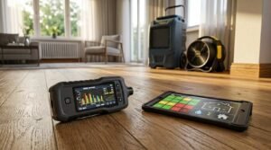 Digital moisture meter and connected mobile mapping tablet displayed on a residential hardwood floor alongside an industrial dehumidifier and air mover during professional water damage assessment.
