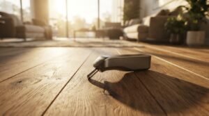 Sleek modern digital moisture detector resting on a warm hardwood floor in a sunlit residential living room during a professional water damage and moisture inspection.