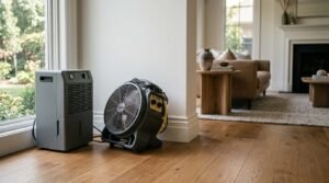 Photograph of a commercial dehumidifier and a heavy-duty air mover operating on a hardwood floor near a baseboard in a residential living room, highlighting professional structural drying and water damage restoration services.