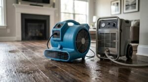 Photograph of commercial water damage restoration equipment—including a blue air mover and industrial dehumidifier—operating on a wet hardwood floor in a residential living room, highlighting professional structural drying and flood mitigation services.