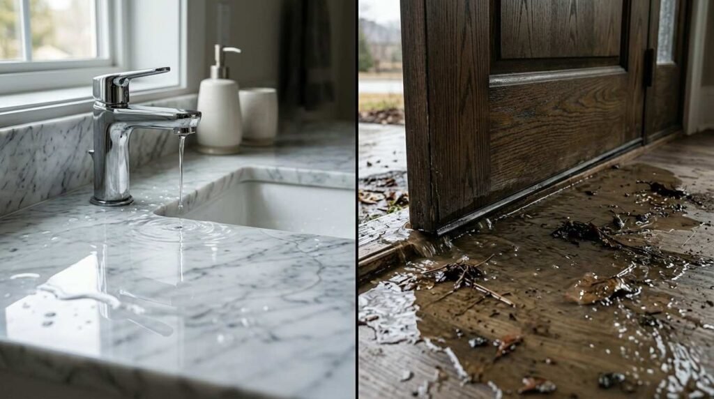 Side-by-side comparison split image showing an overflowing indoor marble sink faucet on the left and muddy outdoor flood water pooling across a wooden entryway threshold on the right.