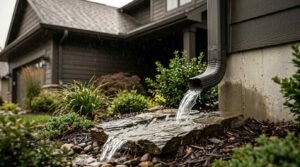 Black downspout gutter discharging rainwater onto a decorative stone splash block to direct water safely away from the foundation of a modern dark-sided home.