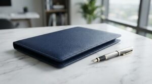 A closed dark blue textured leather portfolio folder and a silver and black fountain pen resting on a white marble conference table in an office setting.