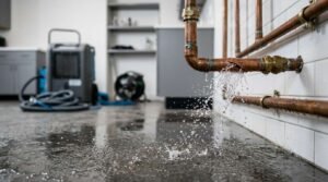 Close-up photograph of water bursting and leaking from a cracked copper pipe joint onto a wet concrete floor, with water damage restoration equipment visible in the background, highlighting emergency plumbing repairs and flood mitigation.