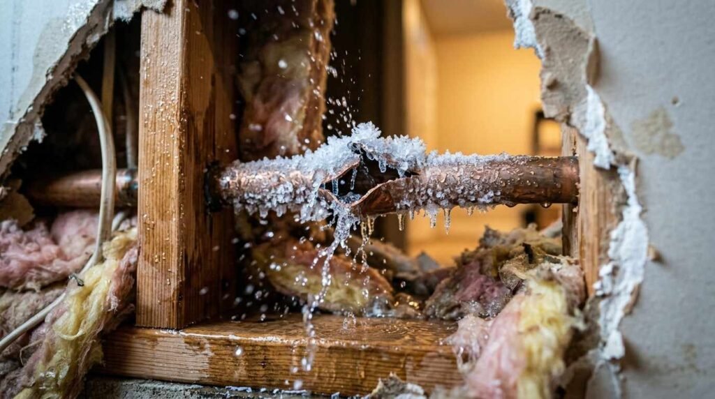 A frozen and burst copper plumbing pipe leaking water and covered in ice crystals inside an exposed wall cavity with damaged drywall and fiberglass insulation.