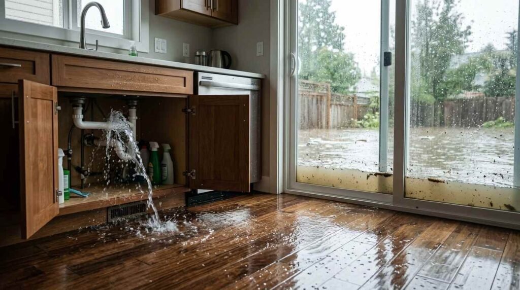 itchen sink plumbing pipe bursting and leaking water onto a wooden floor while heavy floodwaters submerge the backyard outside sliding glass doors.