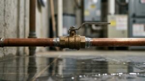 Brass ball shut-off valve connected to copper water pipes with moisture droplets, positioned above a wet floor during a plumbing emergency or leak mitigation.