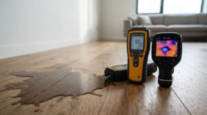 Close-up photograph of professional moisture meters and a FLIR thermal imaging camera resting on a hardwood floor next to a water leak puddle, highlighting structural drying and water damage inspection diagnostics.