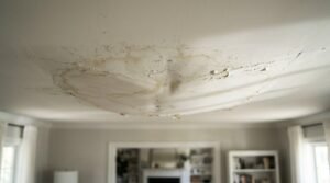 Severe water damage on a residential interior ceiling showing a dangerous bulge, cracking drywall, peeling paint, and moisture stains in a living room.