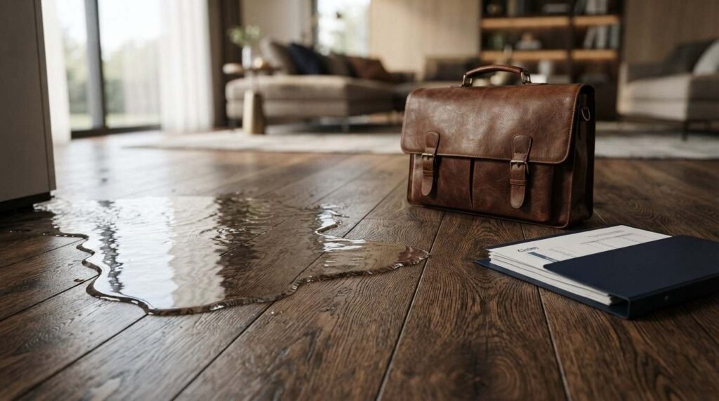 Close-up photograph of water pooling and spreading across a dark hardwood plank floor near a brown leather briefcase and documents in a staged living room.