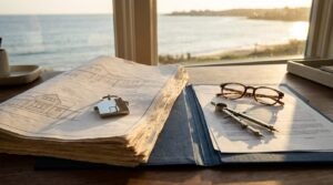 Stacked architectural blueprints with a house-shaped keychain, a portfolio with paperwork, drafting compasses, and eyeglasses on a wooden desk set against a bright ocean view window.