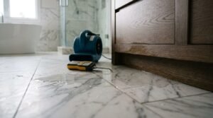 Photograph of a digital moisture meter resting on a white marble-tiled bathroom floor next to a wooden vanity showing water seepage, highlighting plumbing leaks and water damage restoration diagnostics.