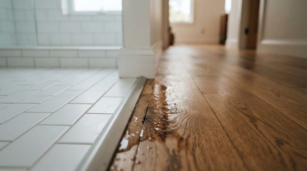 Close-up photograph of water leaking from a tiled bathroom floor threshold onto an adjoining wooden hallway floor, highlighting residential water damage and bathroom waterproofing issues.