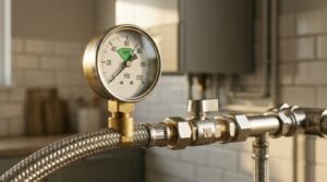 Brass water pressure gauge showing safe PSI levels attached to a plumbing supply line with a shut-off valve and braided hoses against a white tiled wall.