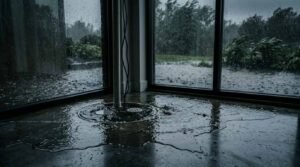 Water overflowing and pooling from a basement floor drain onto a concrete floor during a severe heavy rainstorm viewed through large glass windows.