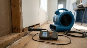 Digital pin-type moisture meter displaying a reading on a screen while testing moisture levels in wooden wall framing and drywall during water damage restoration, with a blue air mover in the background.